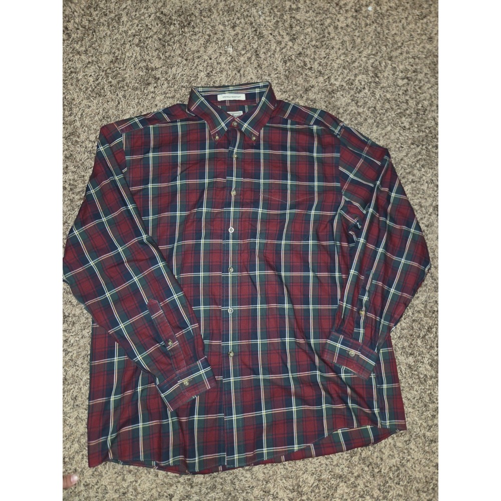 LL Bean Shirt Mens Large Red Plaid Cashmere Blend Button Down Wrinkle Resistant